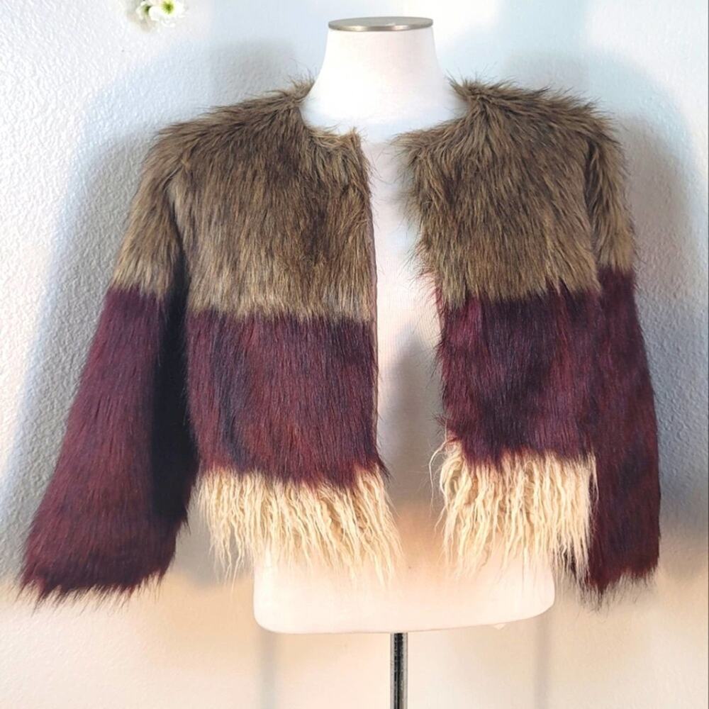 QUESTIONS Tri-Color Faux Fur Cropped Jacket Long Sleeve Colorblock Boho Chic